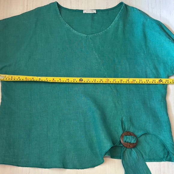 Italian Teal Green Linen-Blend Short Sleeve Top with Side Ring Tie - Picture 6 of 9